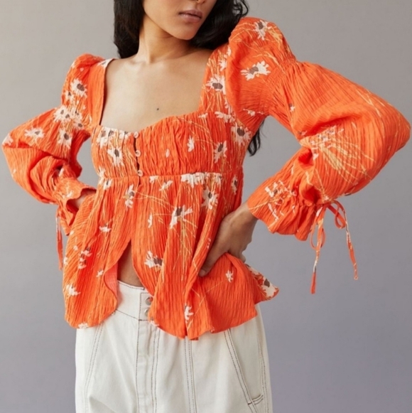 Urban Outfitters New Allie Orange Floral Tie Sleeve Blouse Shirt Womens SZ XS - Picture 1 of 13